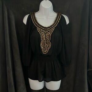 Bebe XXS cut out shoulder beaded front top